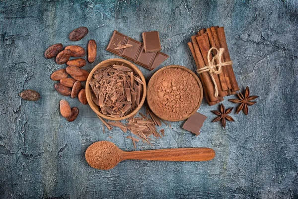 Top View Chocolate Chips Bar Cocoa Powder Spices Confectionery Blue — Stock Photo, Image