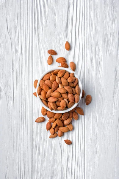 Top View Healthy Whole Almond Bowl White Wooden Background — Stock Photo, Image