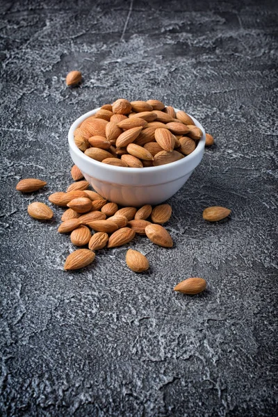 Healthy Whole Almonds White Bowl Dark Gray Concrete Background — Stock Photo, Image