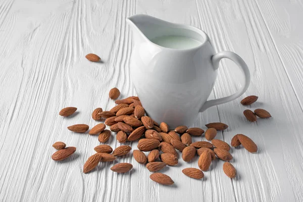 Healthy Natural Almond Milk Jug Nuts Vegan Vegetarian White Wooden — Stock Photo, Image