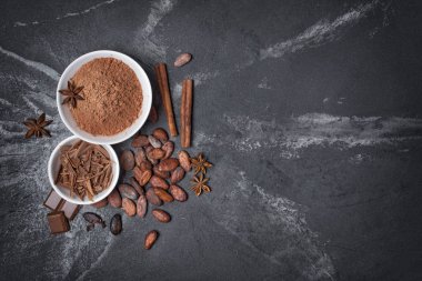 Toz Kakao ve çikolata şekerleme kopya alanı siyah mermer zemin üzerine için madde olarak bütün kakao çekirdekleri ile beyaz kase üstten görünüm