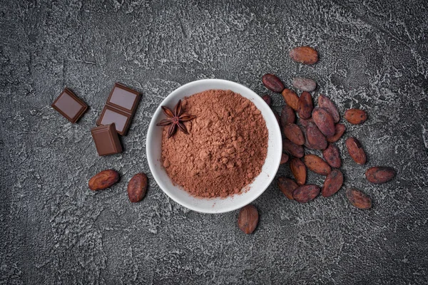 Top View Cocoa Powder White Bowl Chunks Chocolate Whole Cocoa — Stock Photo, Image