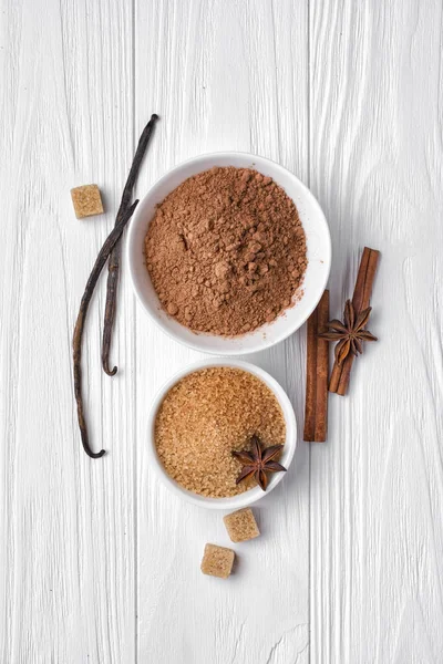 Top View Brown Cinnamon Granulated Cane Cubes Sugar Cocoa Powder — Stock Photo, Image