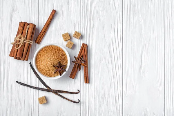 Top View Brown Cinnamon Granulated Cane Cubes Sugar Different Spices — Stock Photo, Image