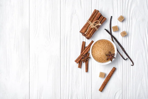 Top View Brown Cinnamon Granulated Cane Cubes Sugar Different Spices — Stock Photo, Image