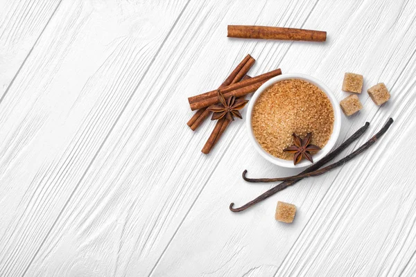 Top View Brown Cinnamon Granulated Cane Cubes Sugar Different Spices — Stock Photo, Image