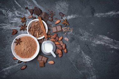Toz Kakao ve çikolata beyaz kase ve bütün kakao çekirdekleri baharatlar ile en iyi görünümü kopya alanı siyah mermer zemin üzerine şekerlemeler için madde olarak