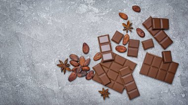 Lezzetli kırık çikolata kakao çekirdekleri ve anason yıldız ile en iyi görünümü kopya alanı gri beton zemin üzerine şekerlemeler için madde olarak