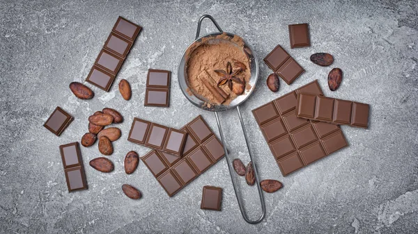 Top View Tasty Broken Chocolate Bars Cocoa Beans Cacao Powder — Stock Photo, Image