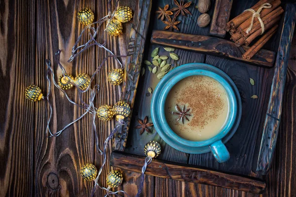 Top View Traditional Indian Drink Masala Chai Tea Milk Spices — Stock Photo, Image