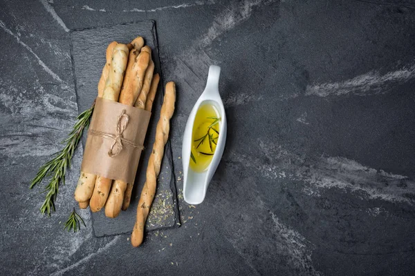 Vista Dall Alto Dei Grissini Antipasto Tradizionali Italiani Con Spezie — Foto Stock