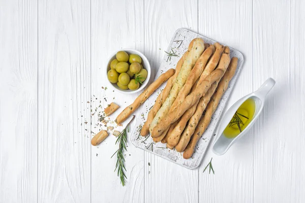 Vista Superior Del Tradicional Aperitivo Italiano Grissini Con Especias Romero — Foto de Stock