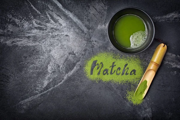 Top View Lettering Organic Green Matcha Tea Powder Bamboo Scoop — Stock Photo, Image