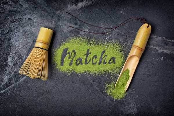 Vista Superior Letras Chá Matcha Verde Orgânico Com Colher Bambu — Fotografia de Stock