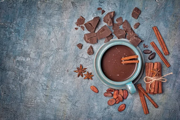 Vista Superior Chocolate Quente Picante Caseiro Copo Cerâmica Com Pau — Fotografia de Stock