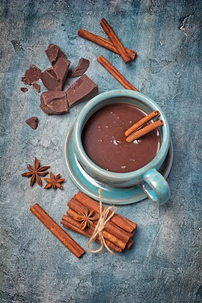 Homemade Spicy Hot Cocoa Ceramic Cup Cinnamon Stick Anise Stars — Stock Photo, Image