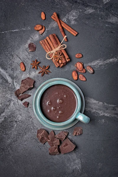 Top View Homemade Spicy Hot Chocolate Ceramic Cup Cinnamon Stick — Stock Photo, Image