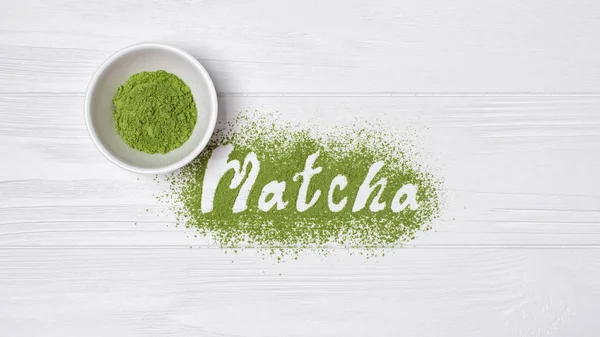 Top View Lettering Organic Green Matcha Tea Powder White Wooden — Stock Photo, Image