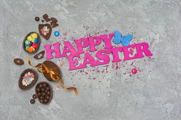 Komposition Aus Rosa Text Glückliche Ostern Mit Schokolade Traditionelle Eier — Stockfoto