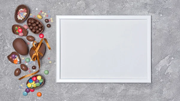 Top View Mockup Blank White Frame Traditional Easter Sweets Chocolate — Stock Photo, Image