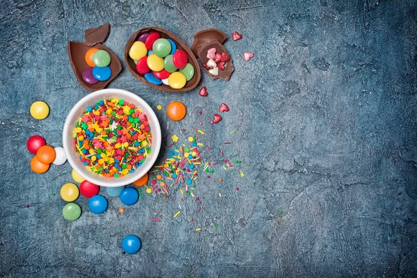 Üstten Görünüm Parlak Renkli Badem Şeker Şeker Veya Kopya Alanı — Stok fotoğraf