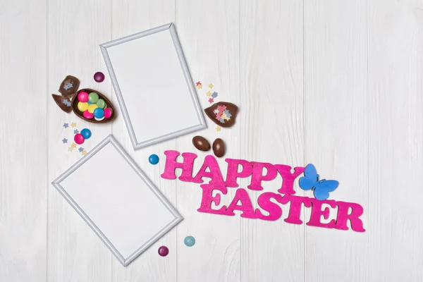Top View Mockup Blank White Frames Pink Text Happy Easter — Stock Photo, Image