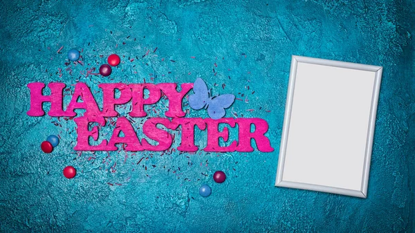 Top View Mockup Blank White Frame Pink Text Happy Easter — Stock Photo, Image