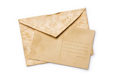 Mockup eski vintage Kağıt zarf ve kartpostal beyaz arka plan üzerinde izole