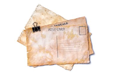 Mockup boş eski vintage kağıt sayfalarının ve beyaz arka plan üzerinde izole klip ile posta kartları