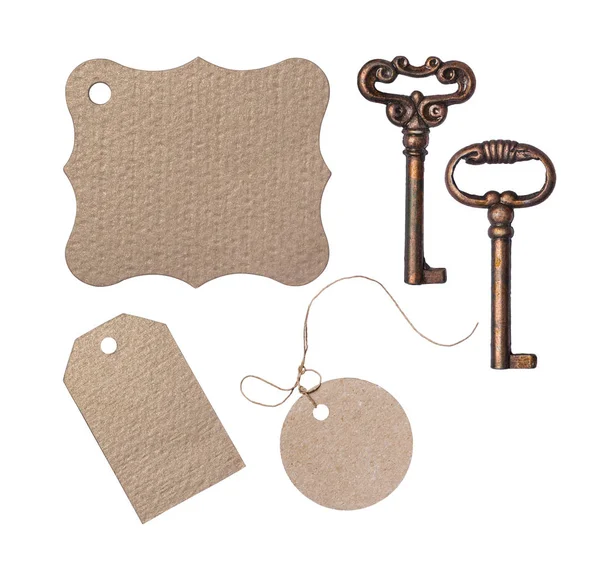 Mockup Set Empty Brown Paper Price Tag Vintage Keys Isolated — Stock Photo, Image