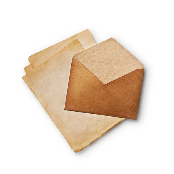 Mockup Old Vintage Kraft Envelope Empty Paper Sheets Isolated White — Stock Photo, Image