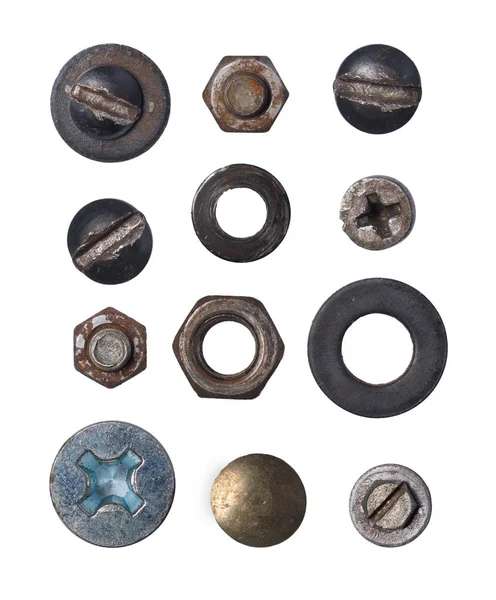 Vista Superior Conjunto Vários Antigos Rebite Metal Enferrujado Cabeças Parafuso — Fotografia de Stock
