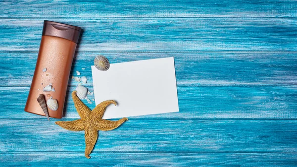 Top View Mock White Paper Card Bottle Sunscreen Starfish Blue — Stock Photo, Image