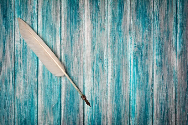 Top View Old Vintage Quill Pen Blue Wooden Background Copy — Stock Photo, Image