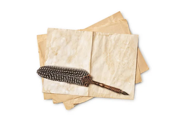Винтажная композиция со старыми листами бумаги с перьевой ручкой — стоковое фото