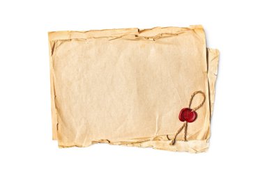 Kırmızı balmumu mühür ile boş eski vintage sararmış kağıtları mock up