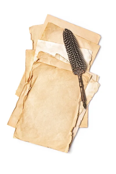 Vintage composition with mock up of old�paper sheets and quill pen — Stockfoto