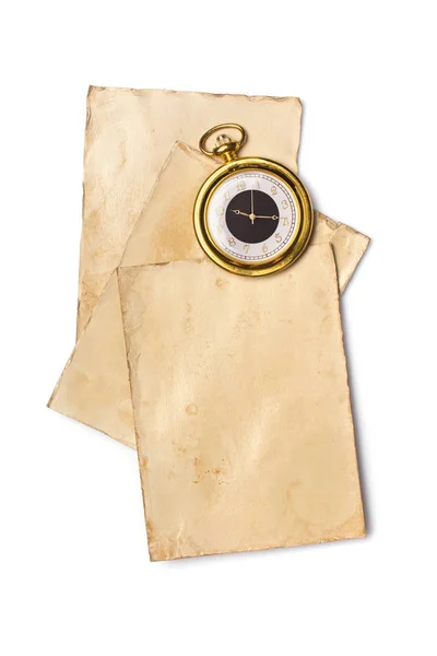 Mockup of empty old vintage yellowed cards and pocket watch — Stock Photo, Image