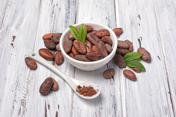 Haricots de cacao et poudre dans un bol blanc aux feuilles vertes — Photo