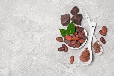 Şekerleme için çikolata parçaları ile kakao çekirdekleri ve toz üzerinde üst görünümü