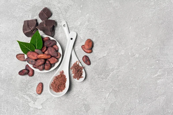 可可豆和粉末与巧克力块糖果的顶视图 — 图库照片