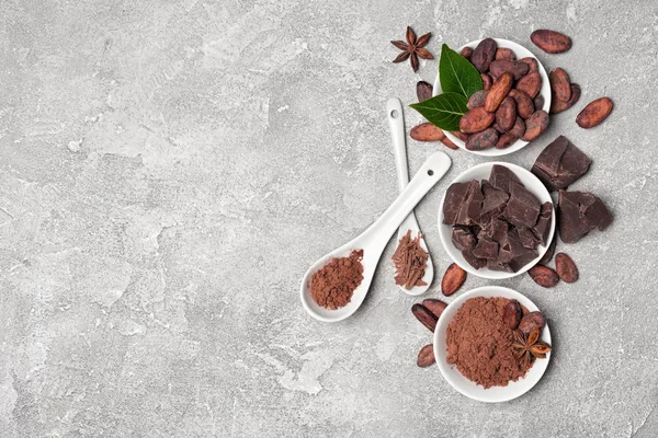 Vista superior sobre grãos de cacau e pó com pedaços de chocolate para confeitaria — Fotografia de Stock