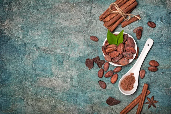 Vista superior sobre granos de cacao y polvo con especias para confitería —  Fotos de Stock