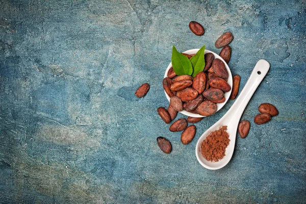 Draufsicht auf Kakaobohnen und Pulver für Süßwaren — Stockfoto
