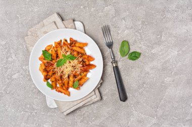 Parmesan peyniri ve fesleğen ile domates soslu Penne makarna