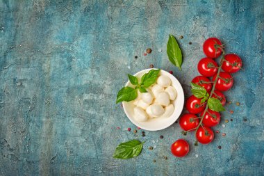 Kiraz domates ve fesleğen ile küçük toplar mozzarella peyniri
