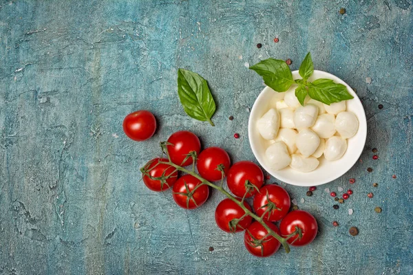 Kleine Kugeln Mozzarella mit Kirschtomaten und Basilikum — Stockfoto