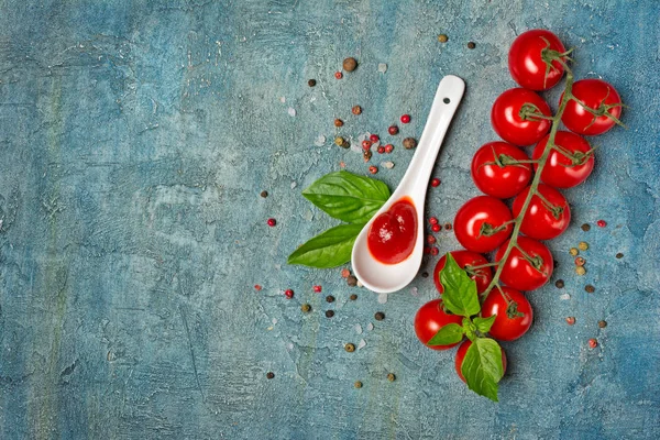 Spicy tomato ketchup sauce with Cherry tomatoes and basil — Stock Photo, Image