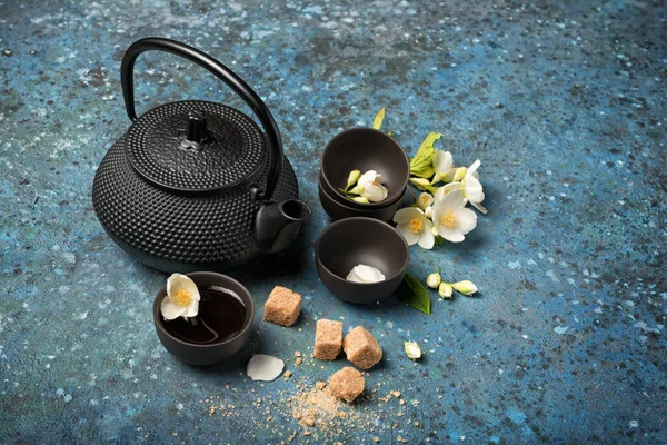 Close Asian Black Traditional Kettle Cups Healthy Green Jasmine Tea — Stock Photo, Image