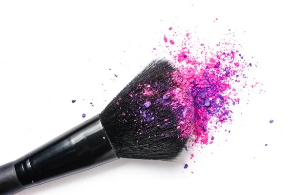 Flat Lay Bright Pink Powder Cosmetic Product Black Brush Makeup — Stock Photo, Image